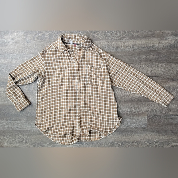 Pilcro Anthtopologie Crinkle Plaid Button-Up Women's L Cream Olive & Pink Flowy - Picture 5 of 12